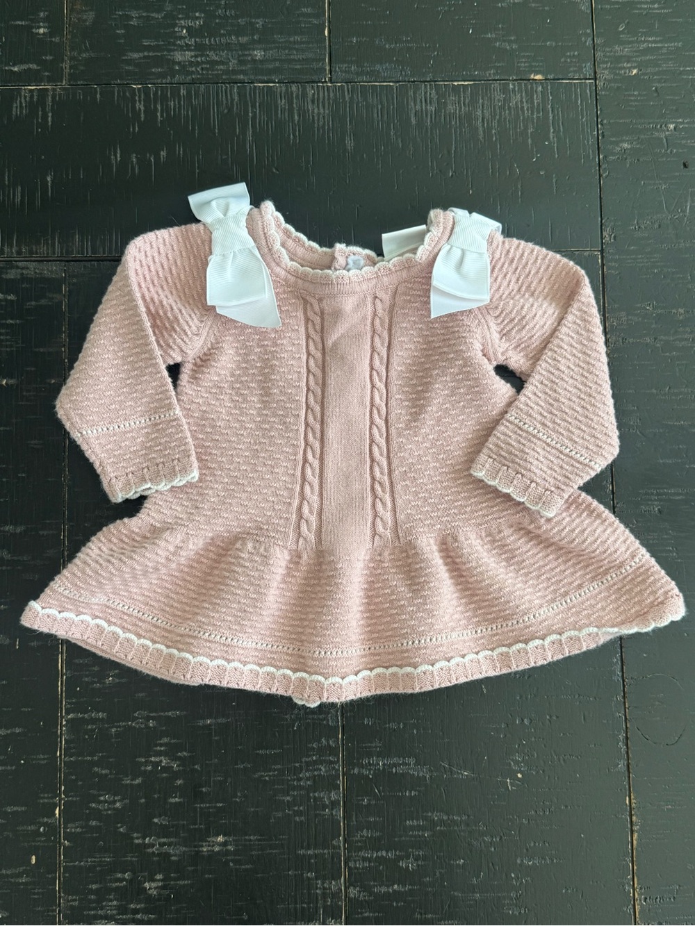 Edgehill Collection Pink Knit Baby Sweater Dress with White Shoulder Bows
